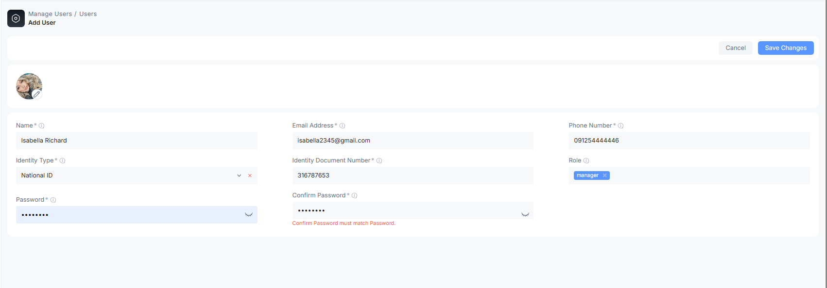 user creation form filling