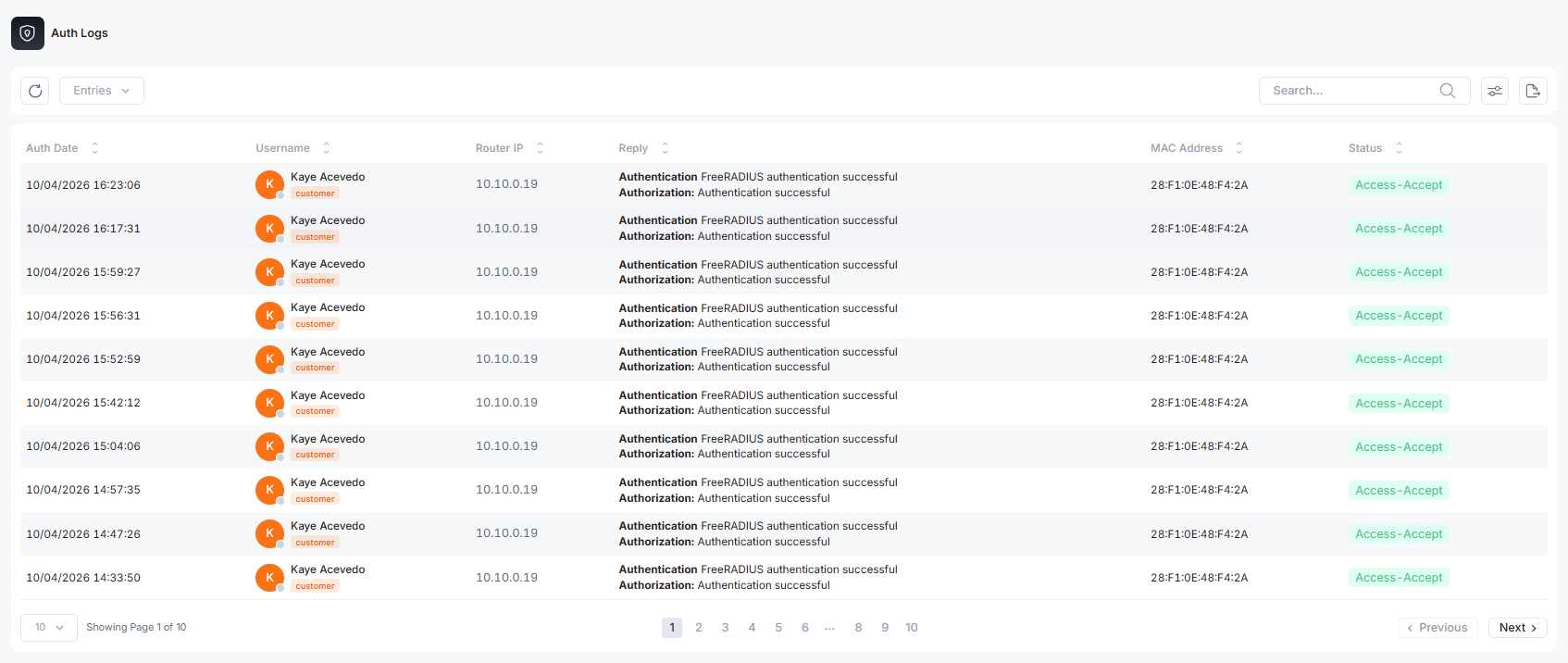 Auth Log list